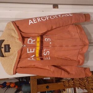 Aeropostle men's sherpa lined hoodie. Brown with cream. Size L. VG pre-owned.